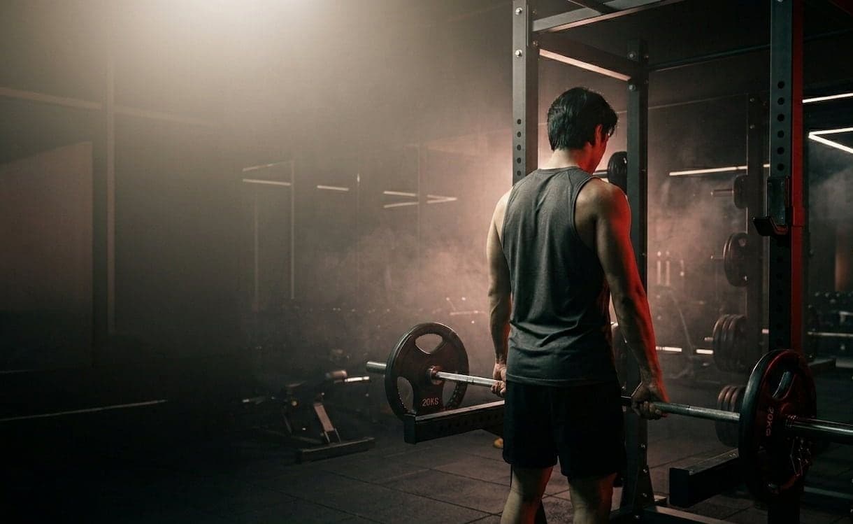 Atleta en rack de deadlift bajo luz calida